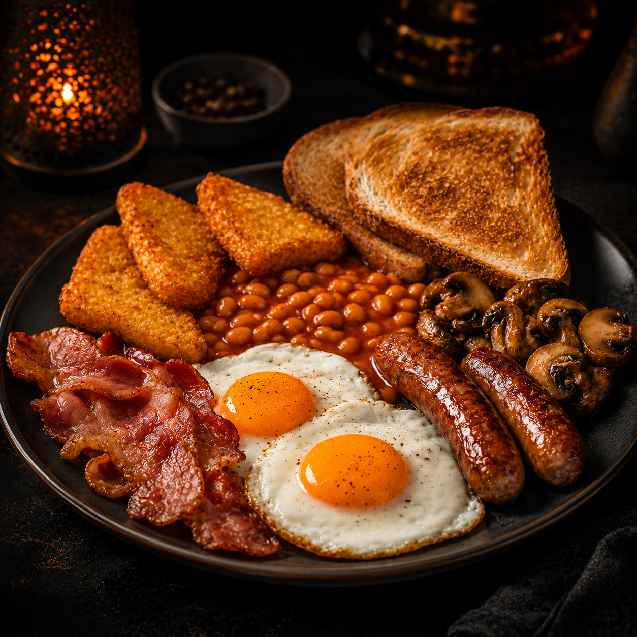 Traditional full English breakfast with toast and sausages at Russell Hall Café