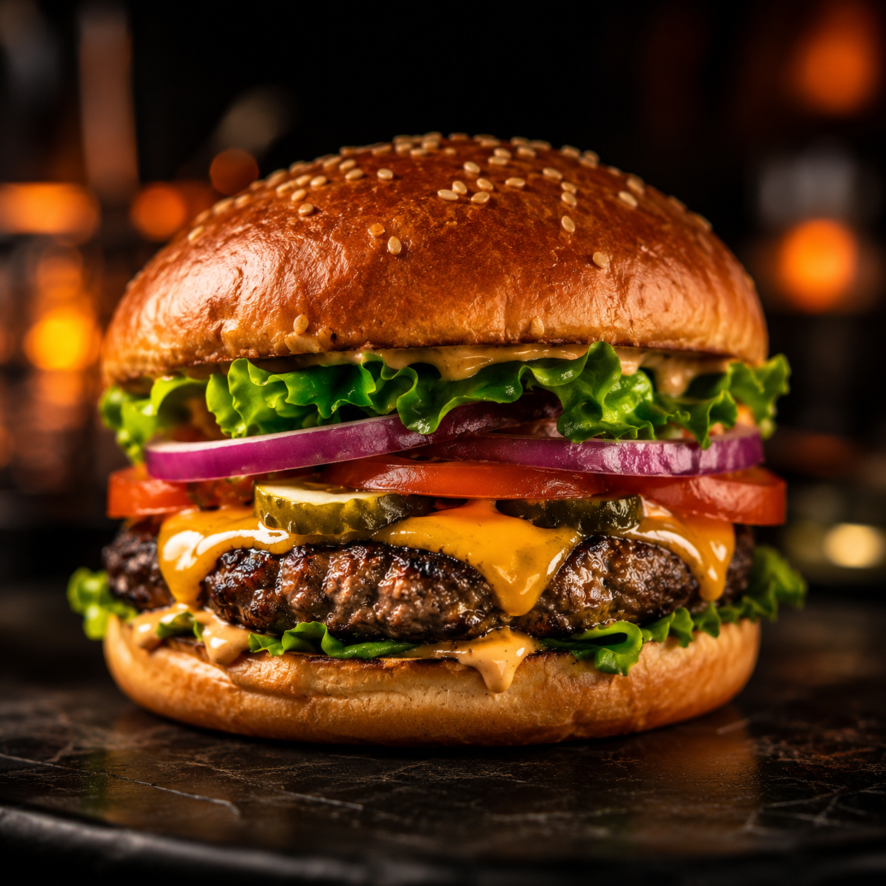 Gourmet flame-grilled beef burger at Russell Hall Café